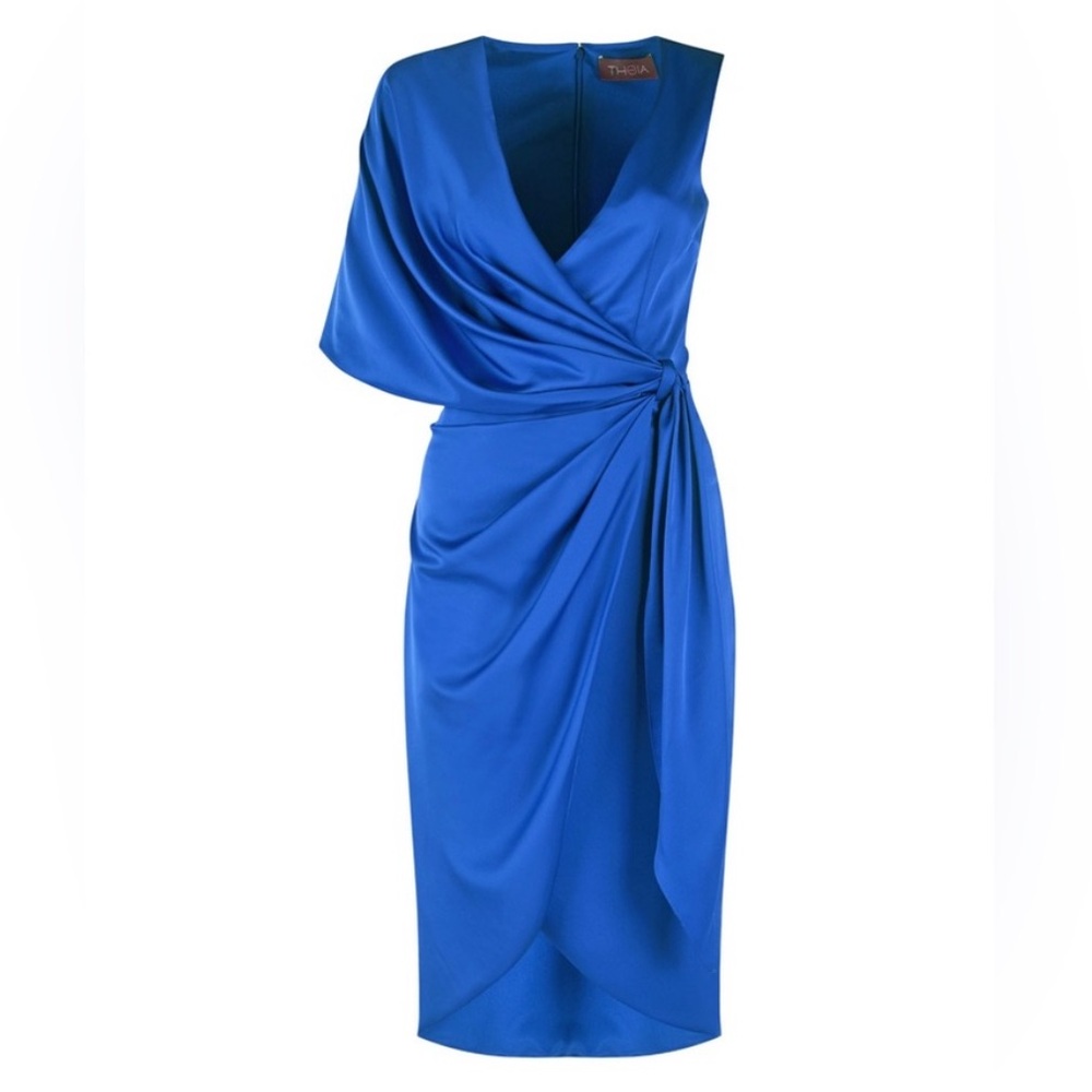 Theia size 10 Candace asymmetrical faux wrap style cocktail dress Azure blue EUC